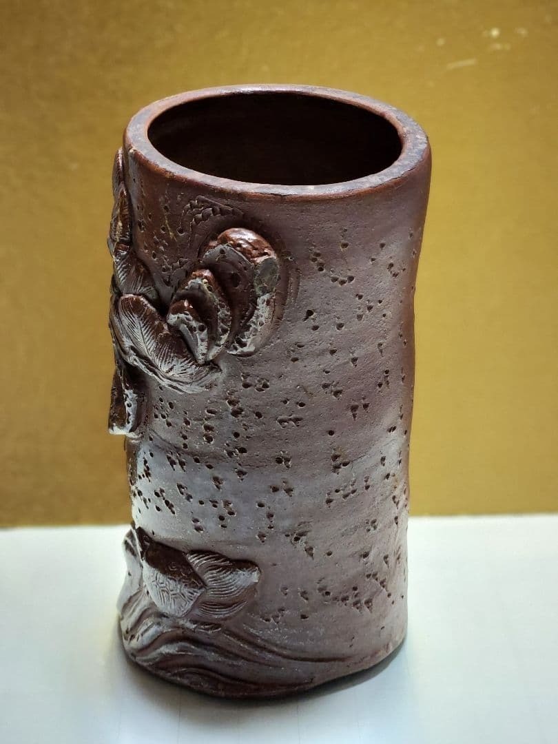 Antique Bizen Pottery Vase Relief Edo 19th Century Japanese Jar Vessel 9.8 inch