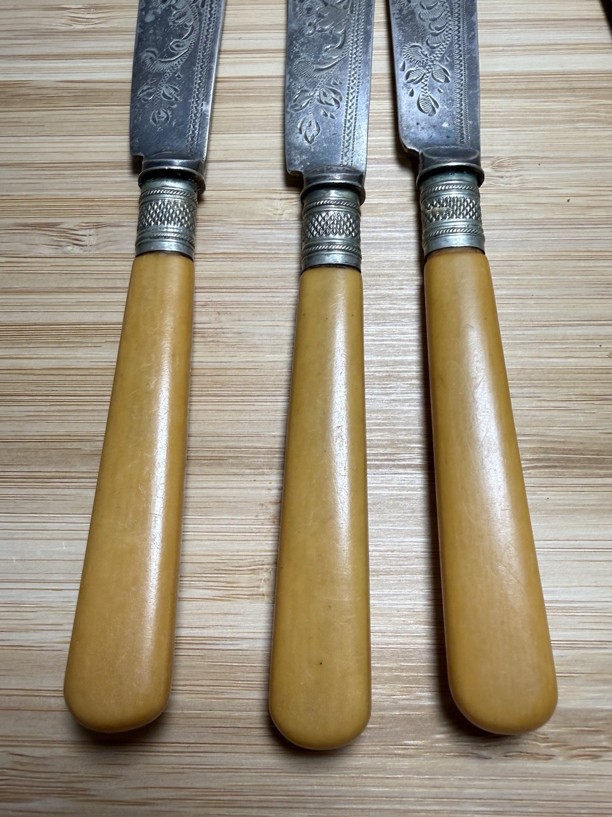 Antique Victorian Silver Plate Fish Knives Engraved with French Ivorine Handles