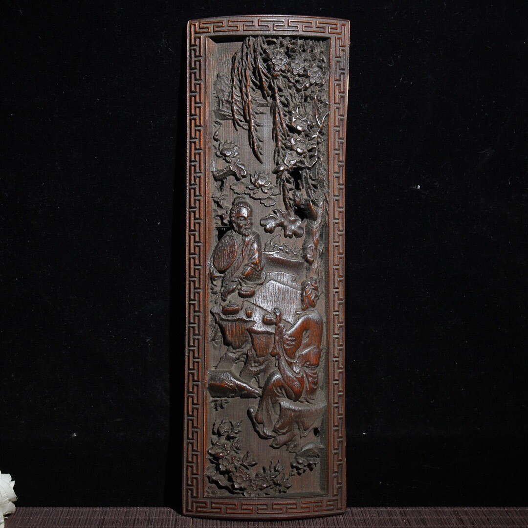 Old Chinese Carved Bamboo Arm Rest With friend Jas gather under the tree statue