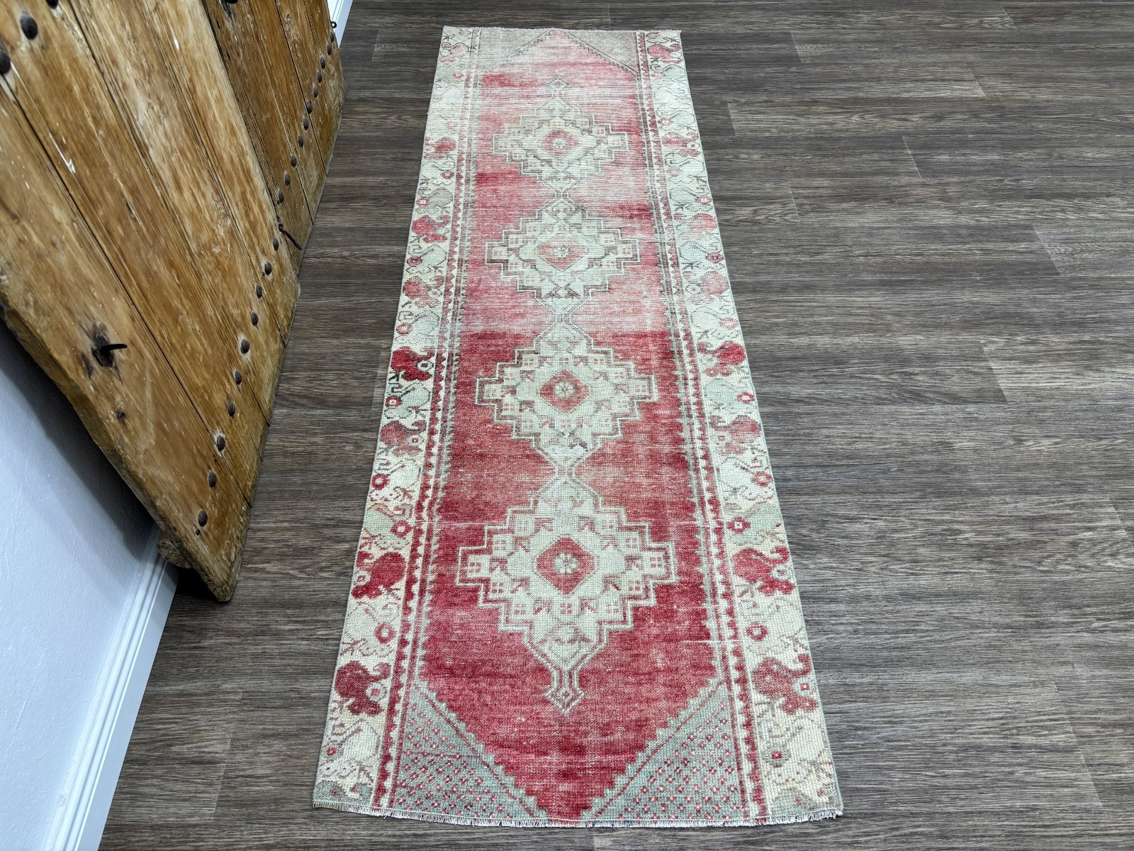 3×8 Vintage Red Turkish Runner Rug, Hand-Knotted Wool Oriental Oushak Runner