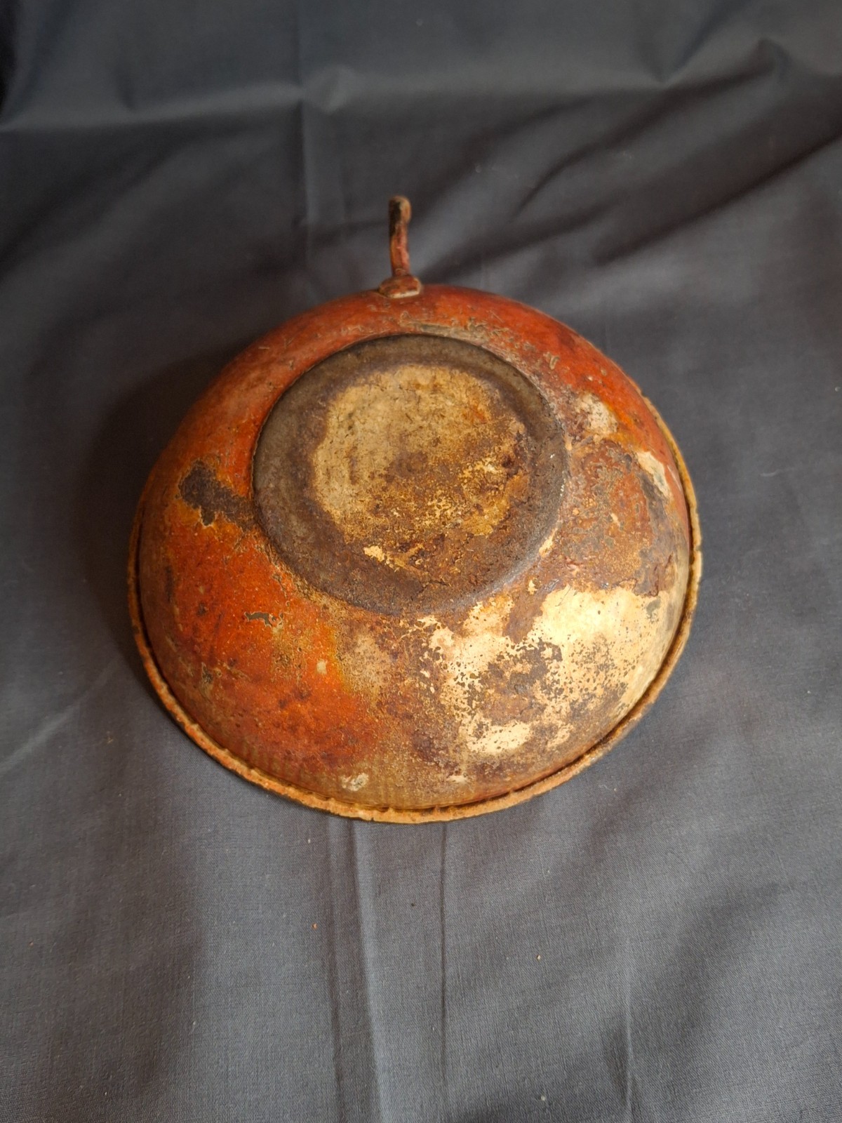 Antique 19thC Red Paint Sheet Tin Chamberstick Candle Holder Finger Loop 5.5″