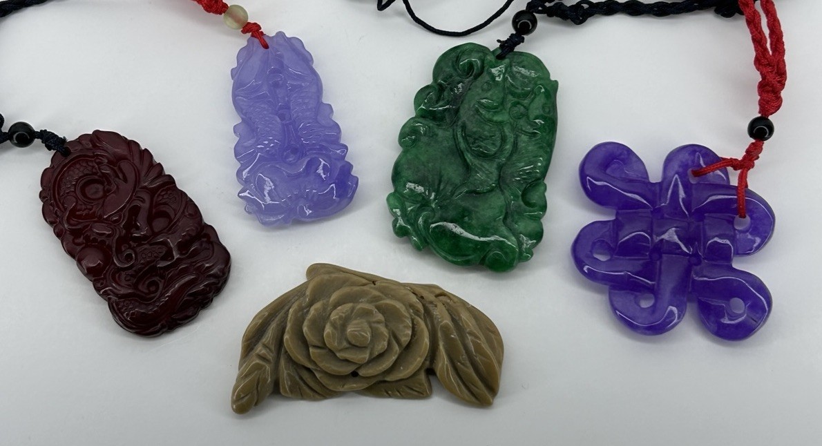 Stone / Glass Dragon Fish Pendant Necklace Floral Good Luck Lot of 5 Amulet