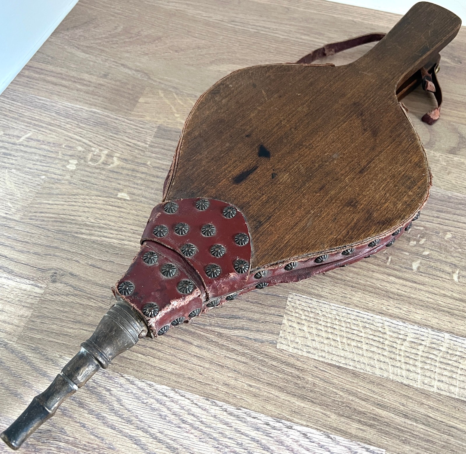 Vintage Wood & Leather Fireplace Bellows | Studded Oxblood Red | Hearth Decor