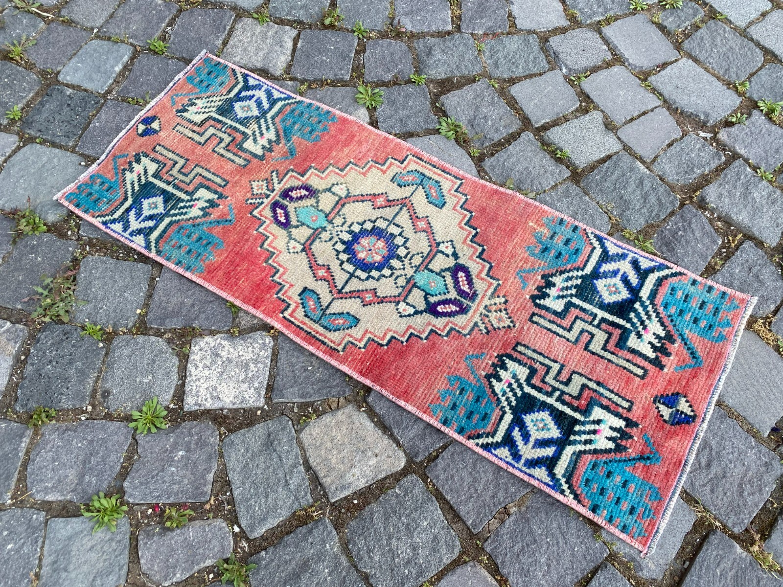 Turkish small rug,Doormats,Bohemian rug,Oushak small rug,Carpet 1,1 x 2,9 ft