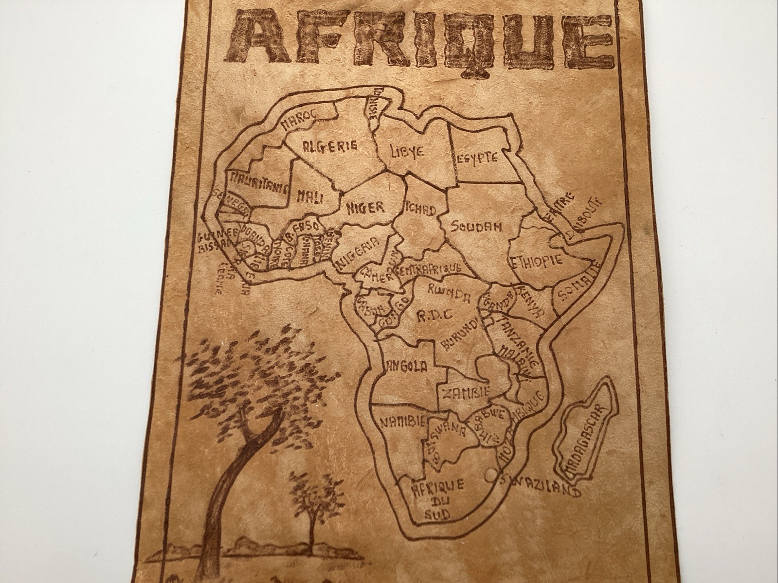 Decorative Map Of Africa With French Country Names And Tree Motif 14”x10”