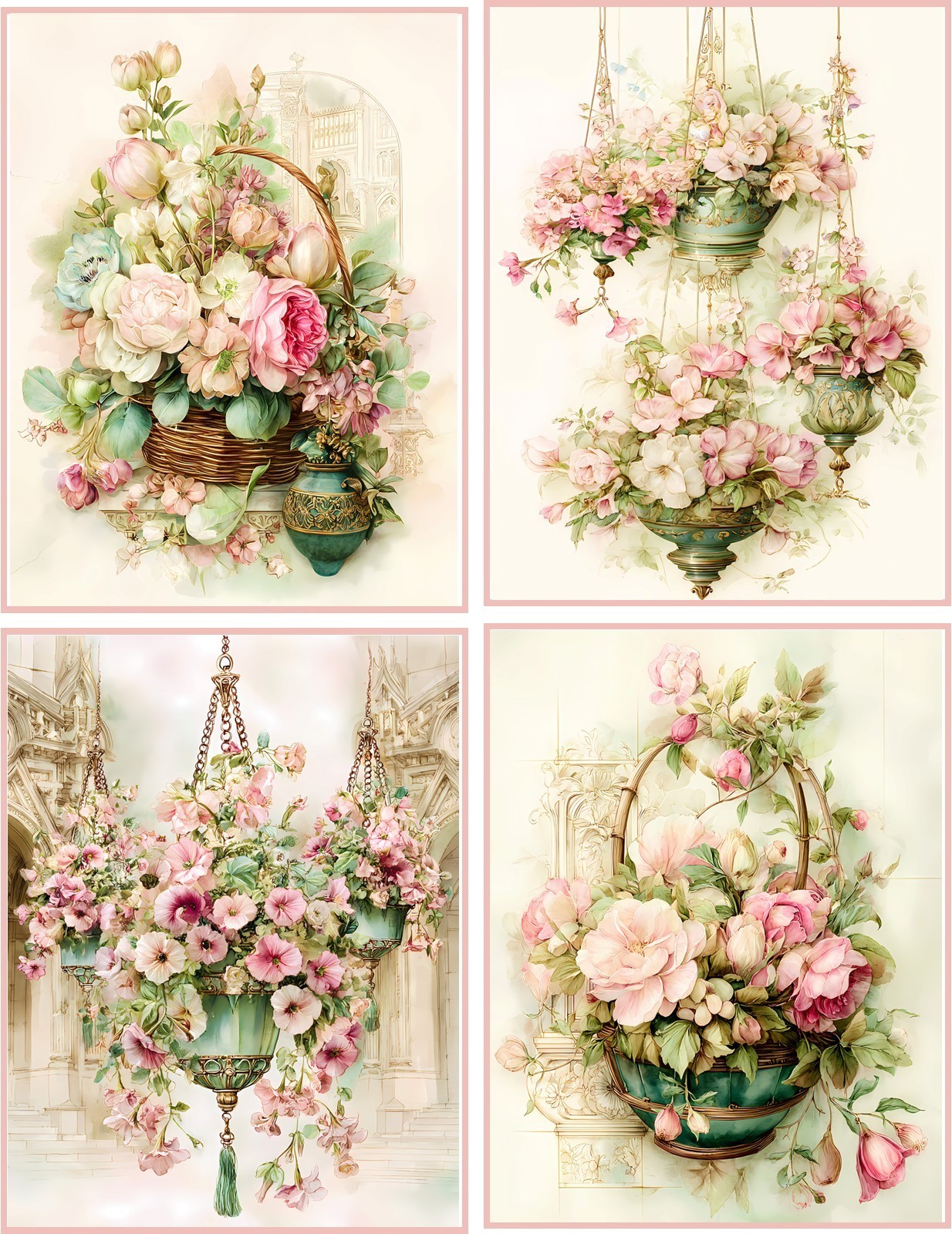 8 assorted shabby chic Victorian pink flowers glossy blank folded note card