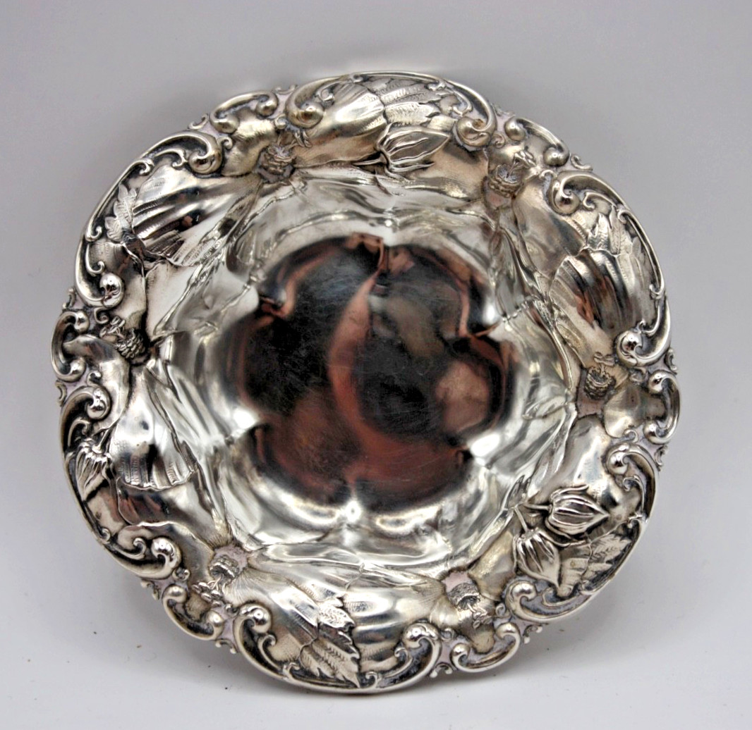 Whiting Art Nouveau Hibiscus Sterling Silver Nut Bowl 30 grams 3.5″ D No. 6557