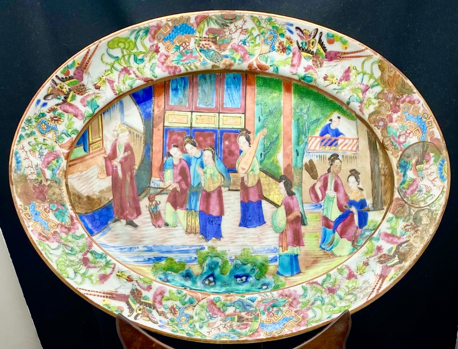 ANTIQUE 19thC CHINESE CANTON EXPORT ROSE MANDARIN PORCELAIN OVAL PLATTER 12.6″