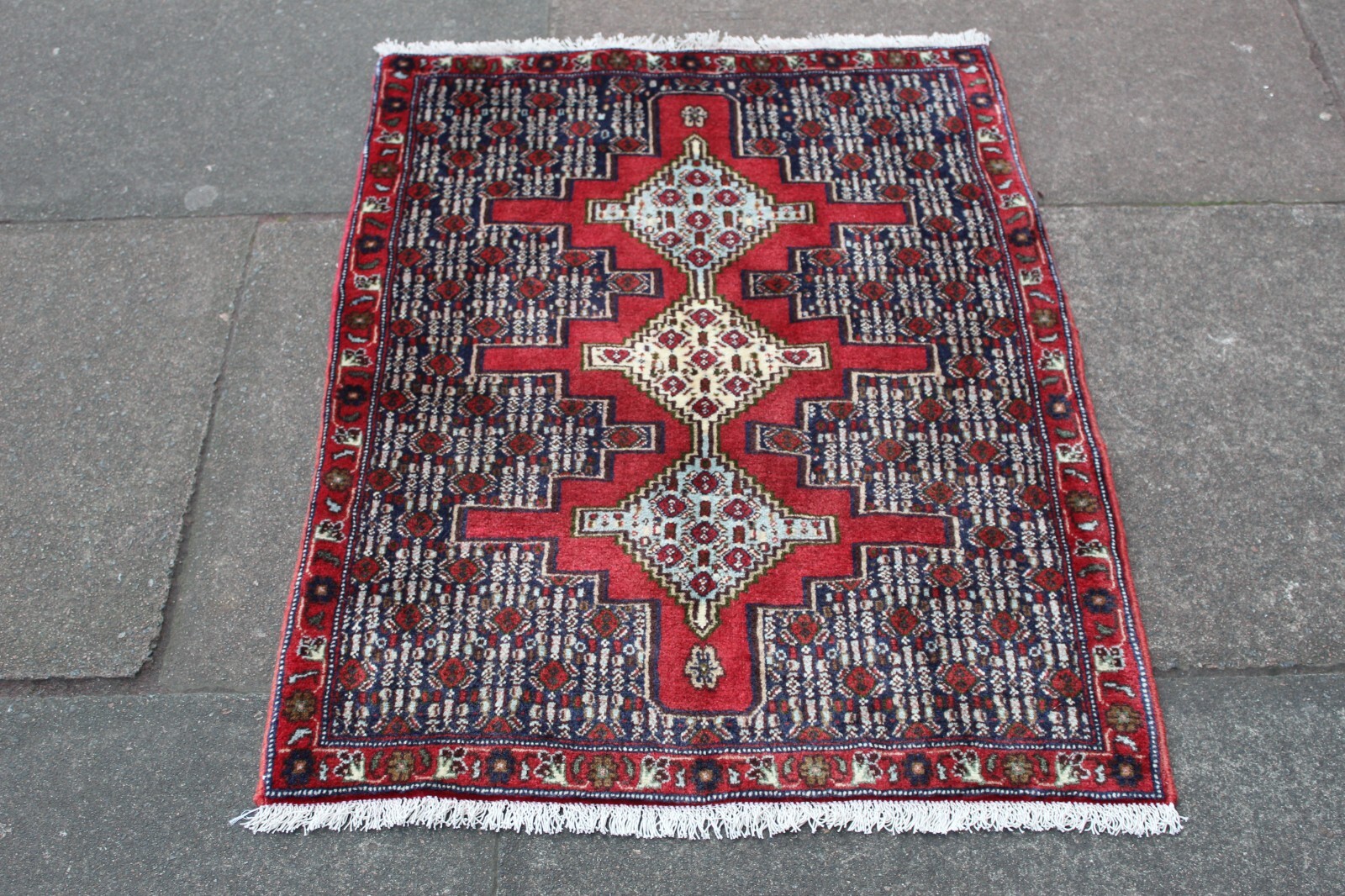 Vintage Hand Made Traditional Oriental Wool Blue Red Small Rug 100x72cm