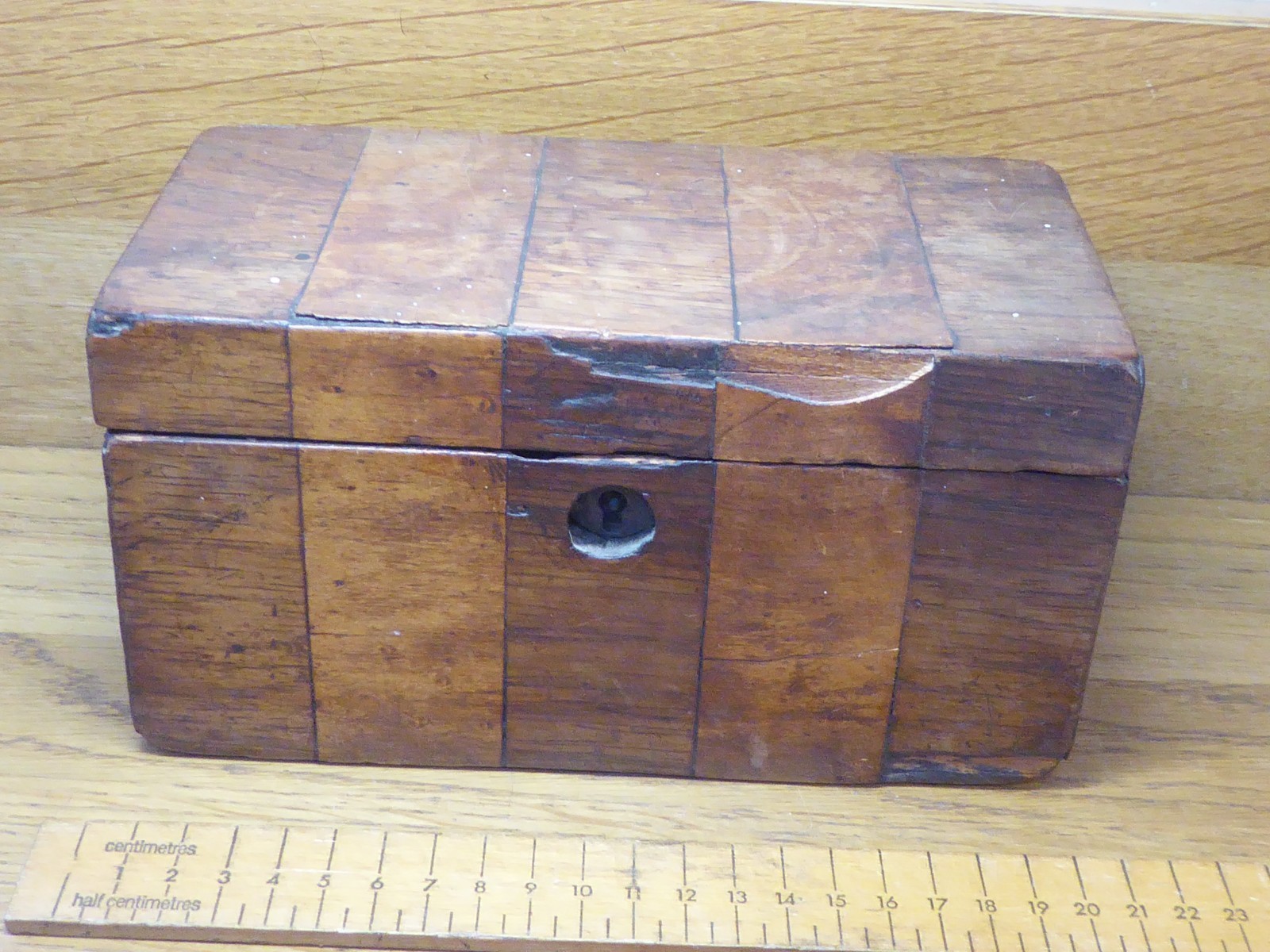 Antique Tea Caddy . Rectangular box with striped blocks of Veneer.2 compartments