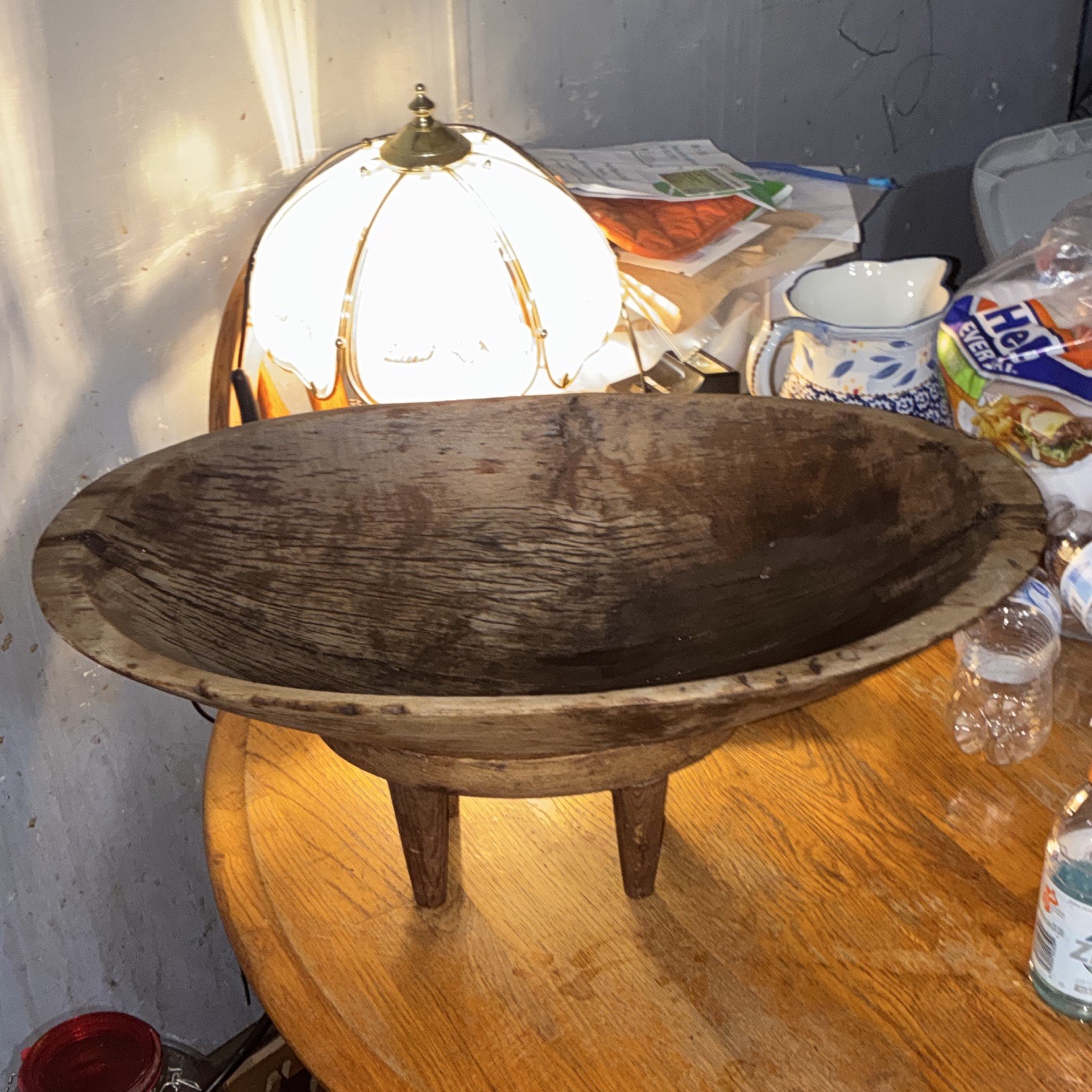 Primitive Wood Dough Bowl on 3-Leg Stand, Medium Wood Tone, Medium