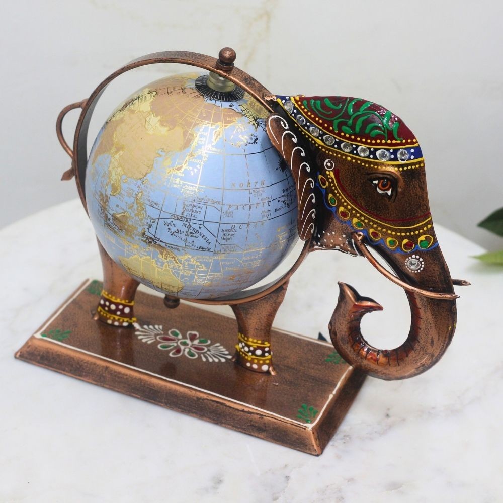 Handcrafted Elephant Globe | Vintage Tabletop World Map Decor | Brass Finish