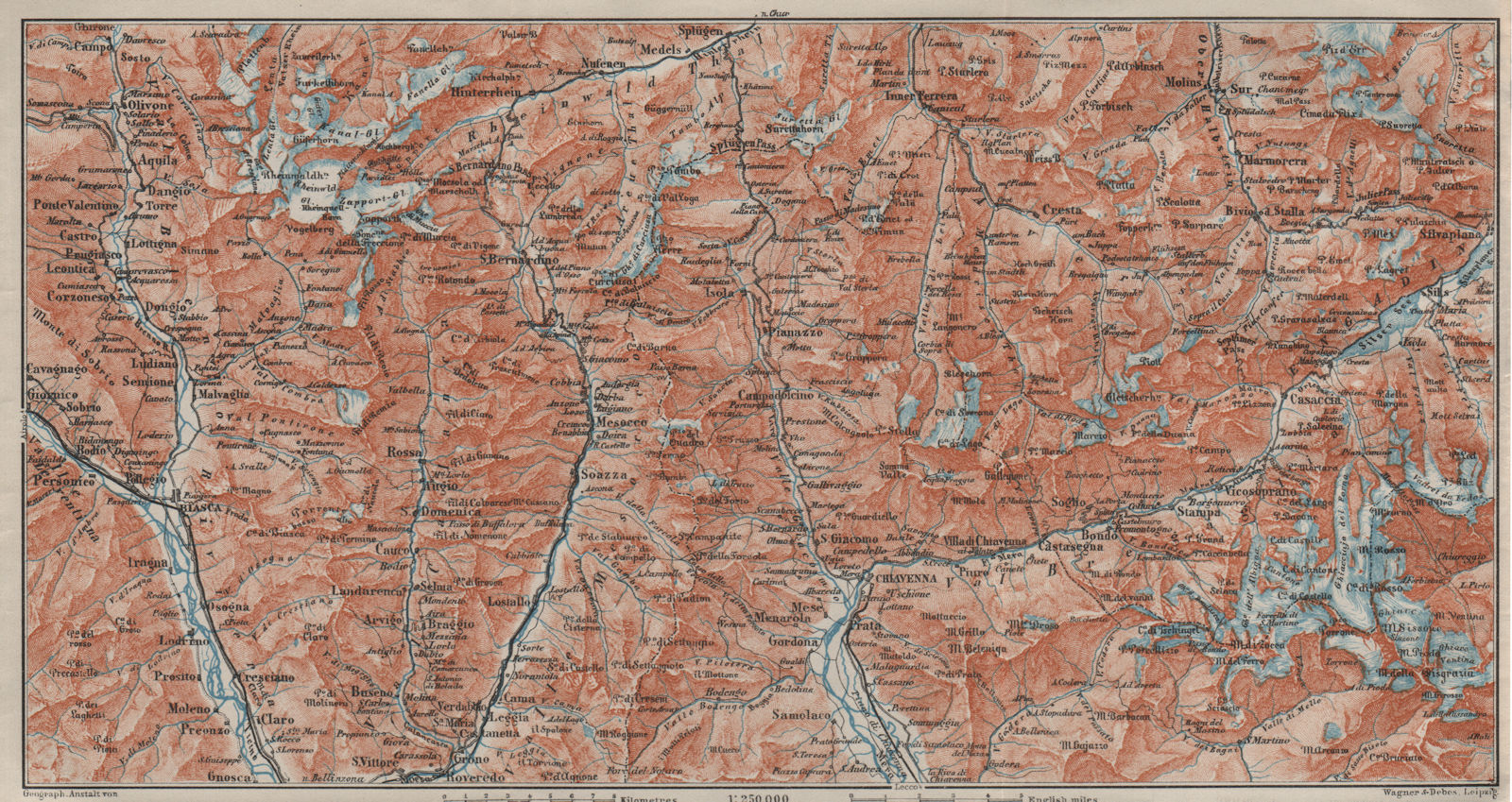 LUKMANIER to MALOJA.Sils Maria Bivio Madesimo Chiavenna San Bernardino 1909 map