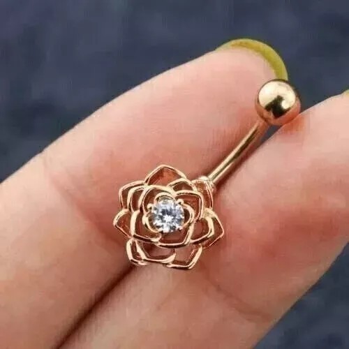 Round Simulated Diamond Solitaire Navel Belly Button Ring 14K Yellow Gold Plated