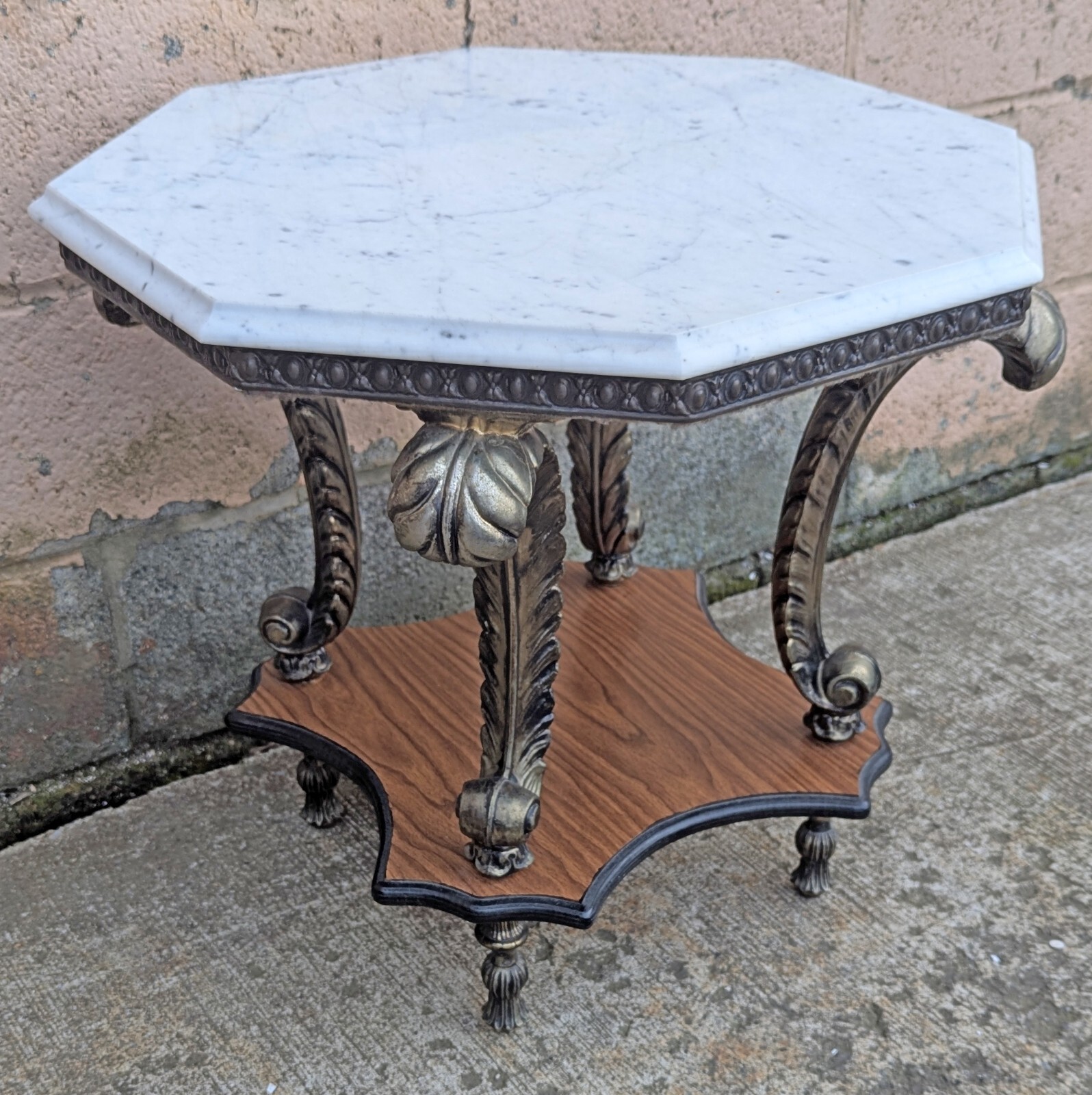 Vintage Octagonal Wood Marble Top 2 Tier End Accent Side Table Nightstand Shelf