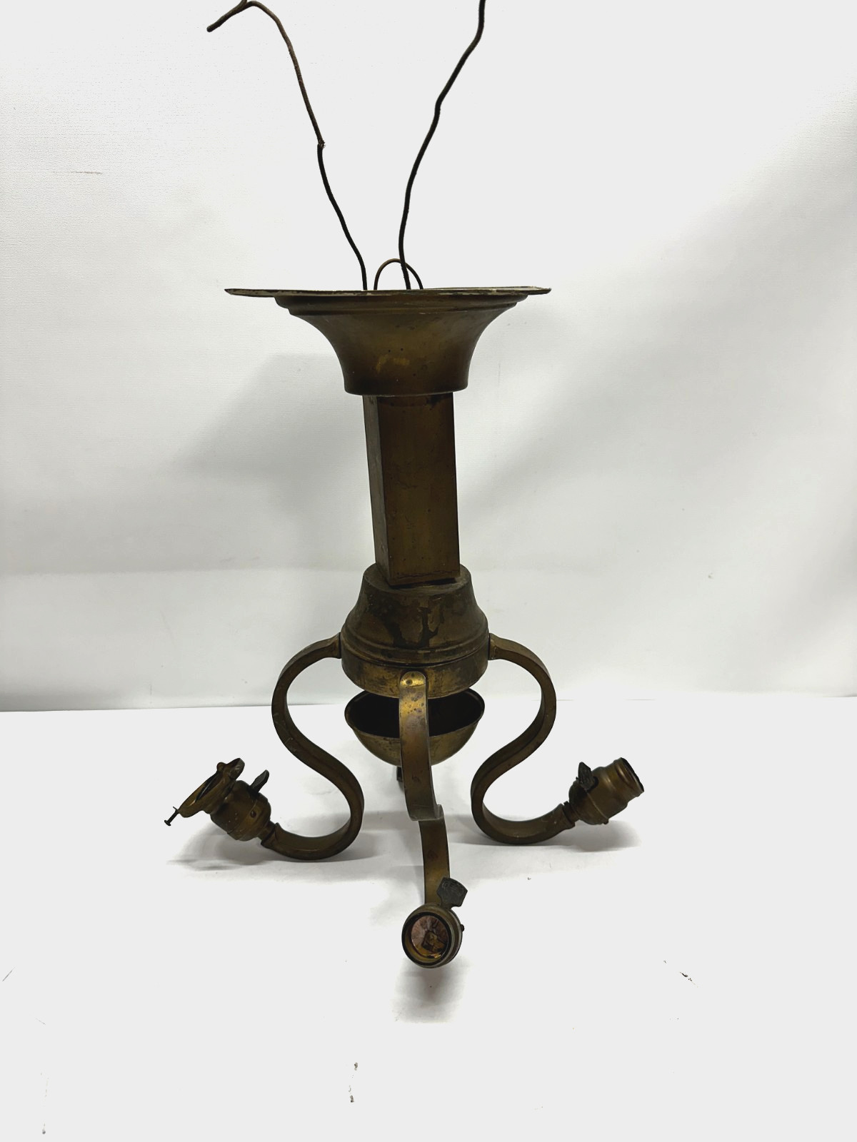 Antique 4-Arm Mission Brass Ceiling Electric Light Fixture w/ Shade Holders Mica