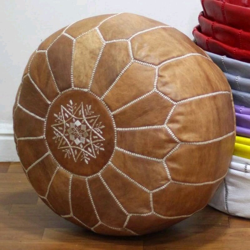 Moroccan Boho Leather Trending Footstool Brown Handmade Pouffe Vintage