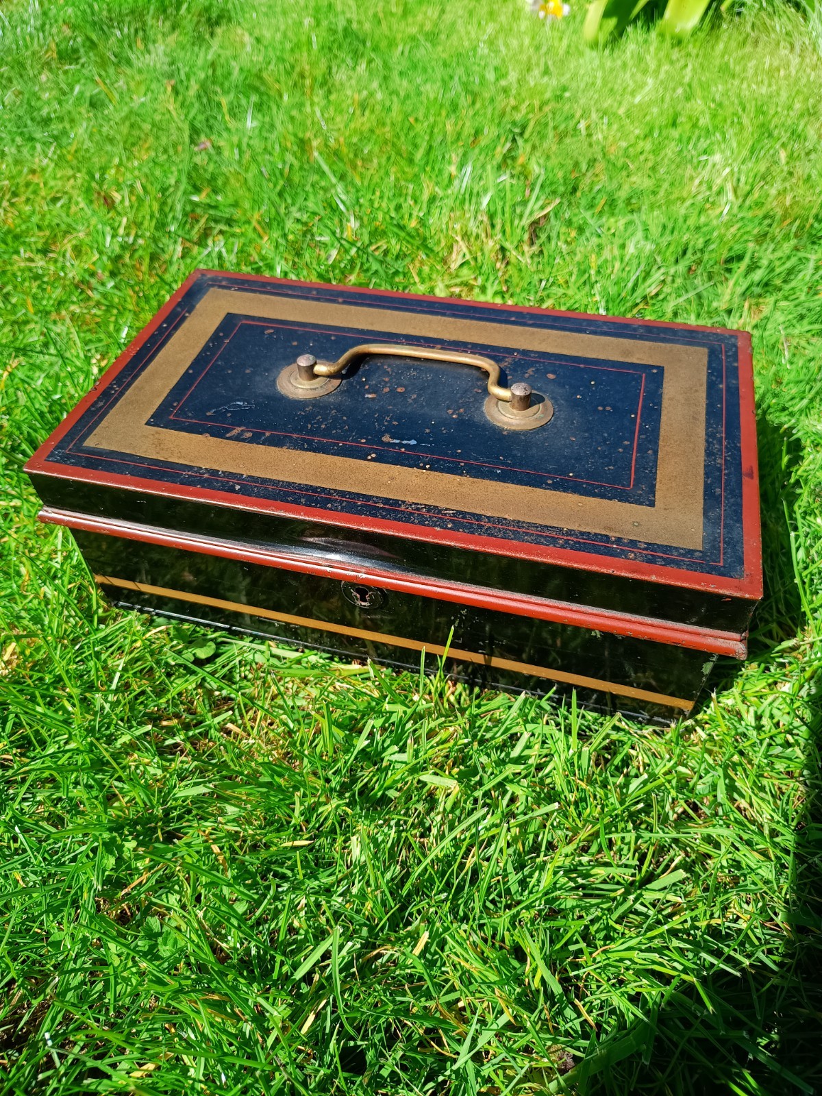 Vintage Black Gold Metal Cash Box with Hinged Lid Made In England (No Key) 30cm