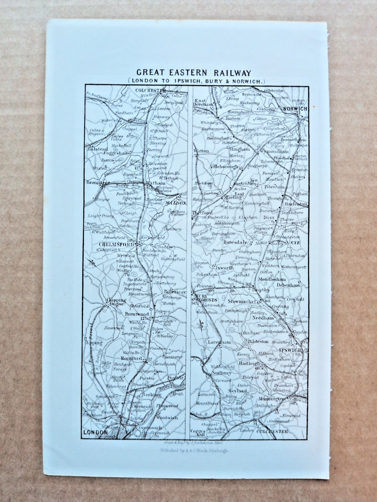 Map of the Great Eastern Railway: London to Norwich – Antique Print – c1870