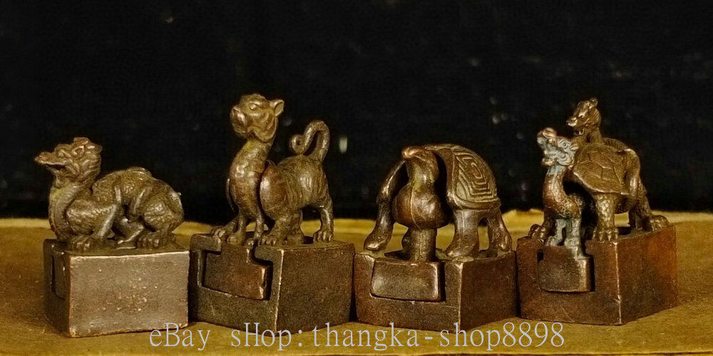 2″ Old Chinese Red Bronze Gilt Four Animal God Beast Seal Stamp Statue Set