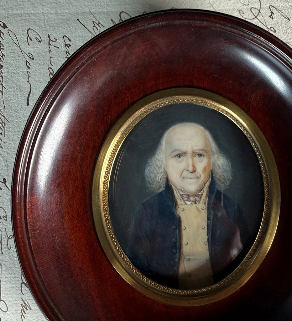 Antique French c1851 Portrait Miniature of Balding Gentleman with Dog Ears, Vest