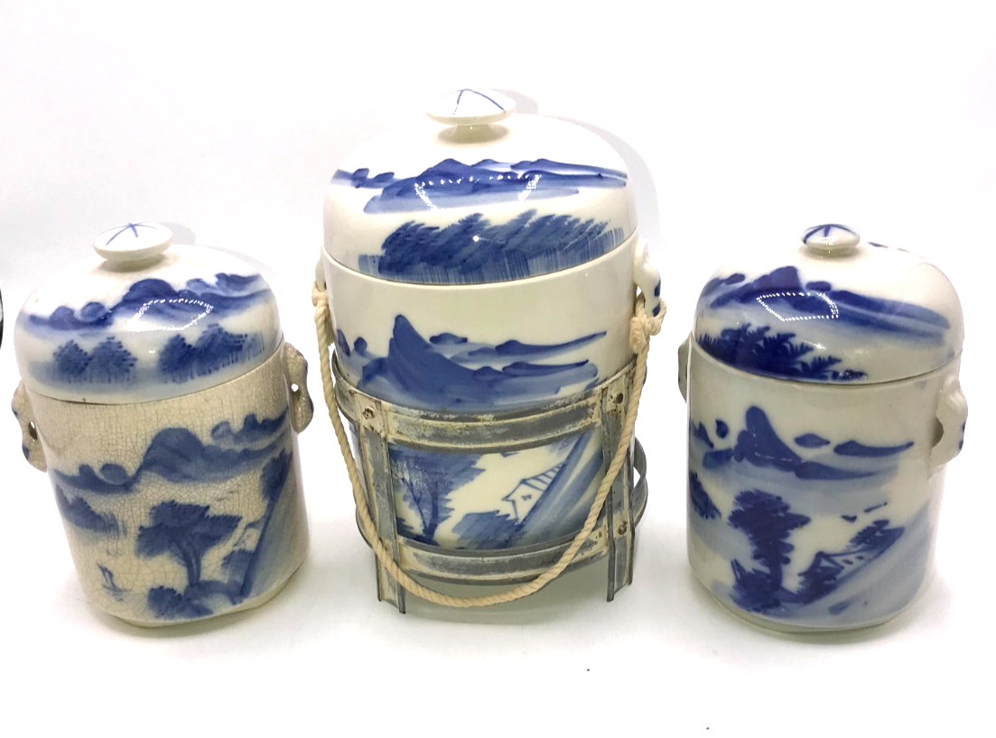 ANTIQUE CHINESE BLUE & WHITE PORCELAIN TEA CADDY SET OF 3