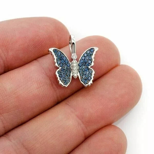 3Ct Round Cut Lab-Created Blue Diamond Butterfly Pendant 14K White Gold Plated