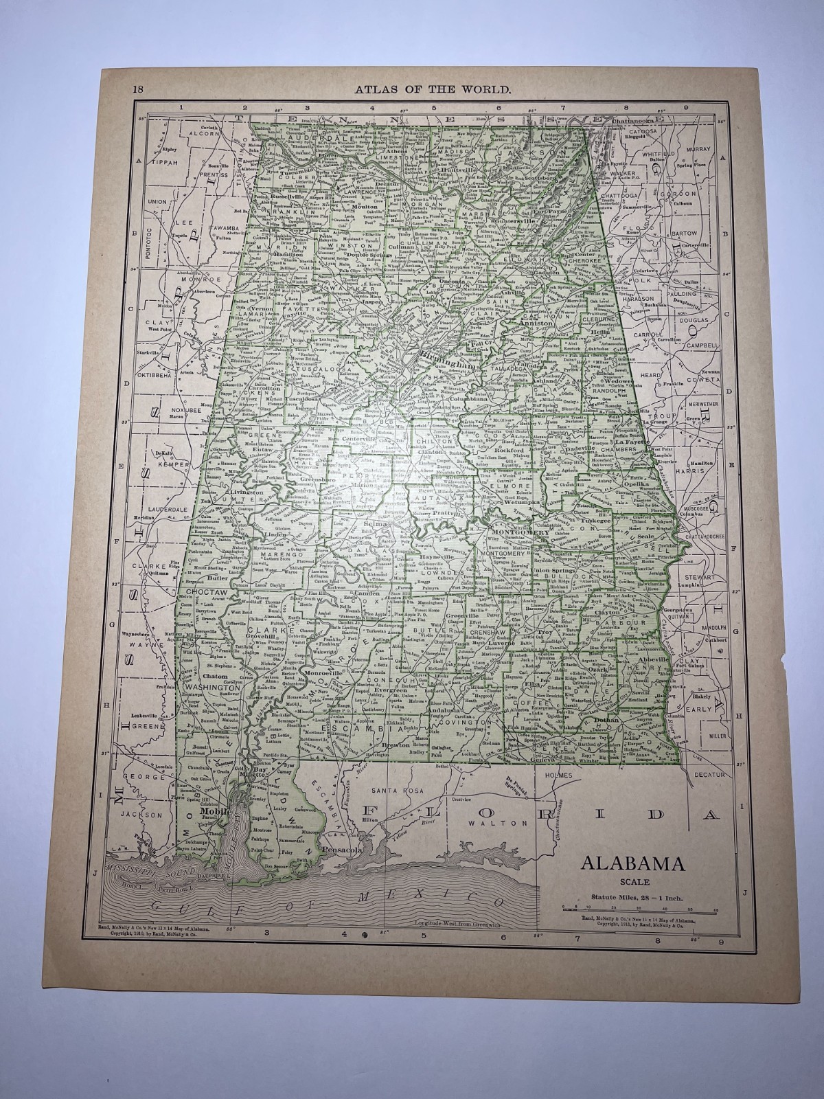 1910 / 1911 ” Green” ALABAMA State Map fm 1912 New Census Atlas SEE DESCRIP