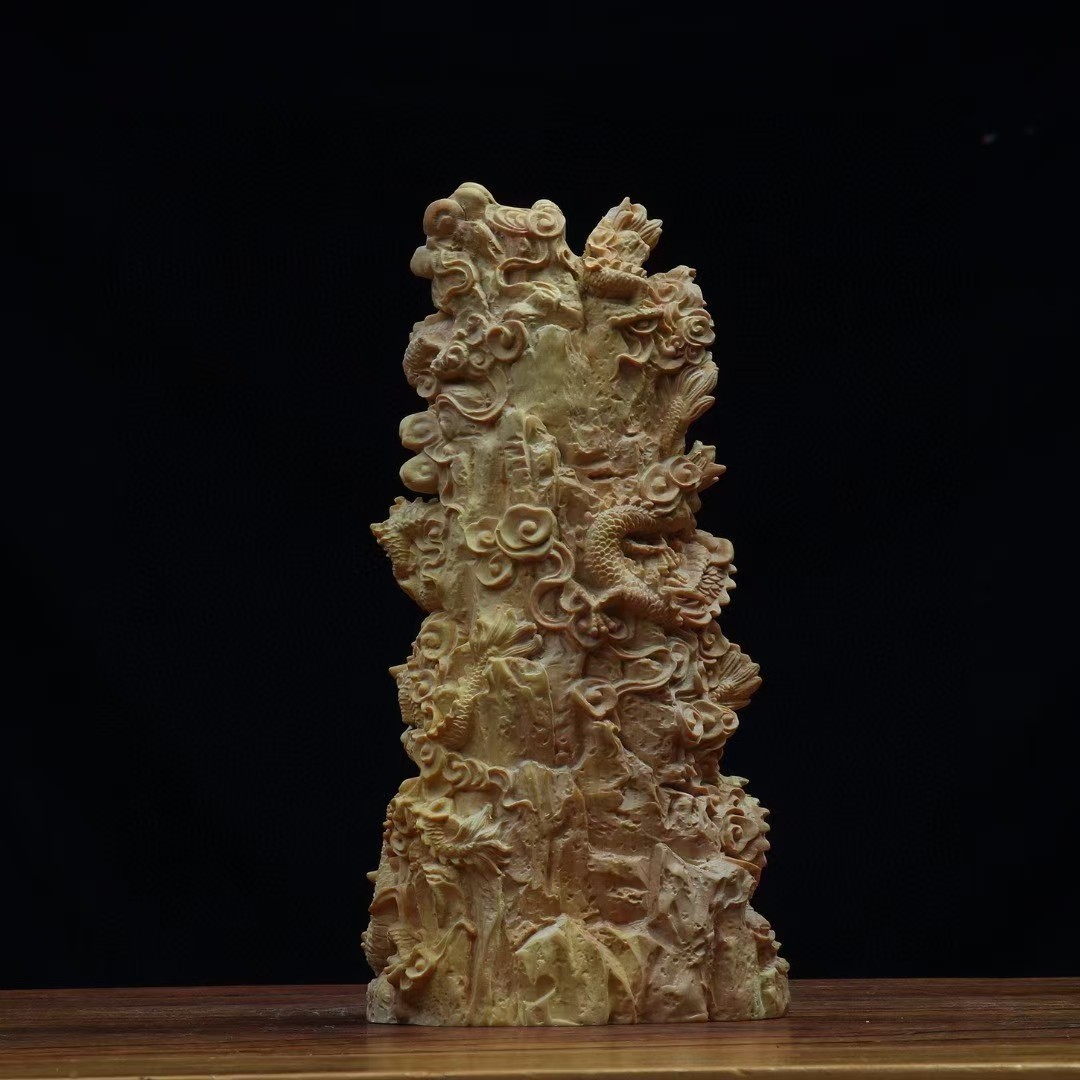 Chinese Boxwood Huang-yang Wood Carving Guanyin 9-dragon Statue HUI80104