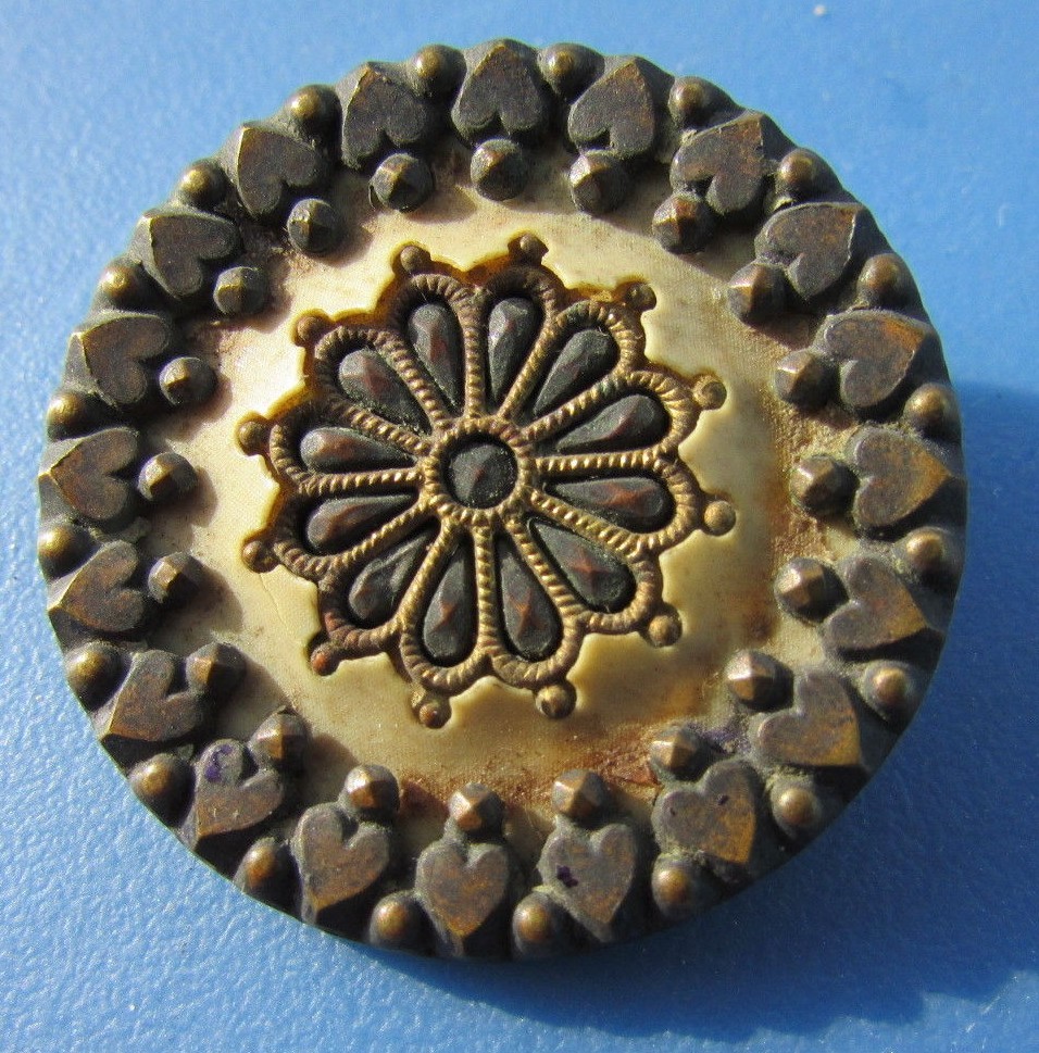 Antique Button Victorian Brass Filigree Steel Cut Hearts Flower Pastes Faucet
