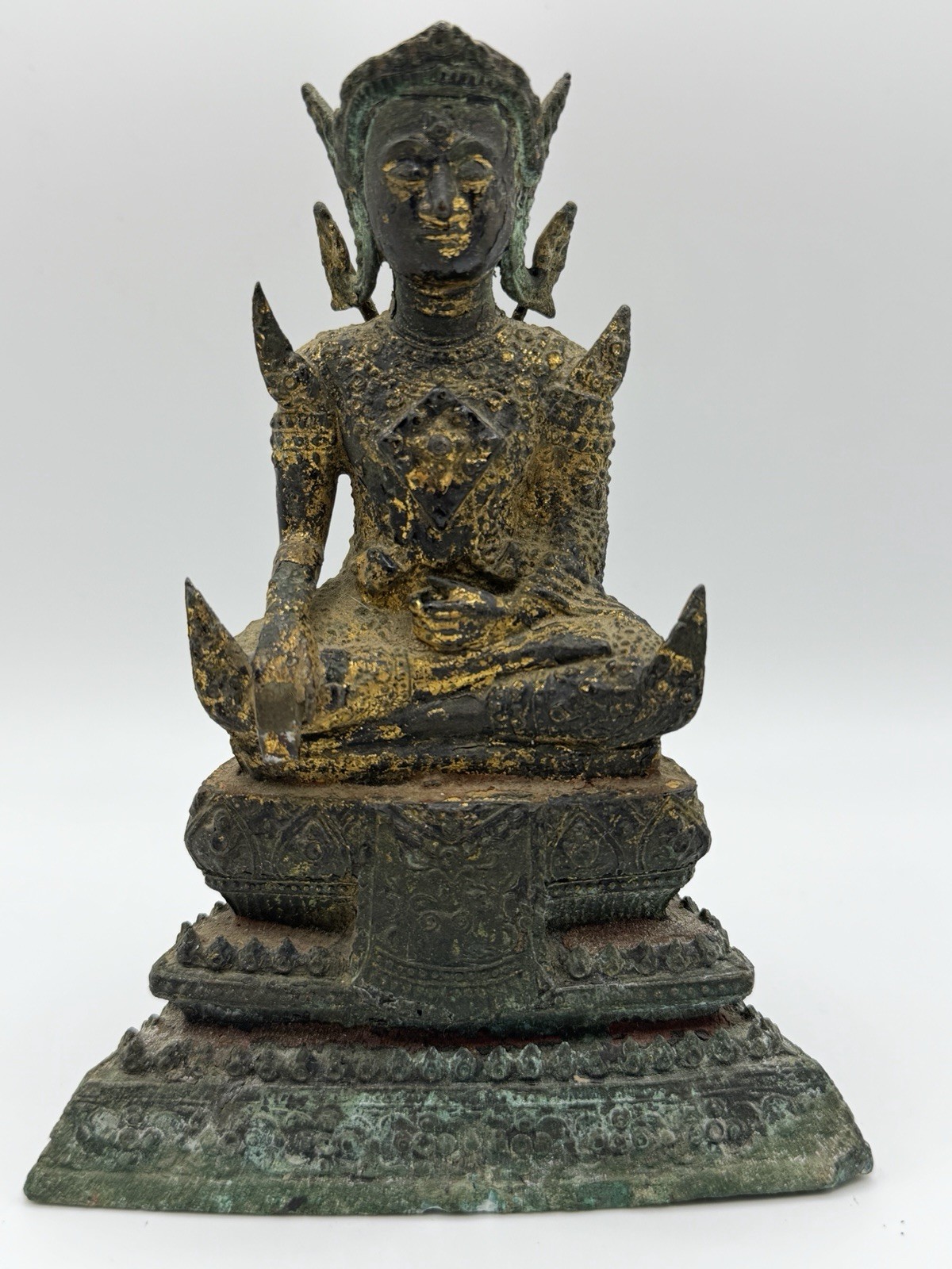 Vintage Thai Bronze Crowned Buddha Statue Ayutthaya Style Gilded Verdigris 16cm