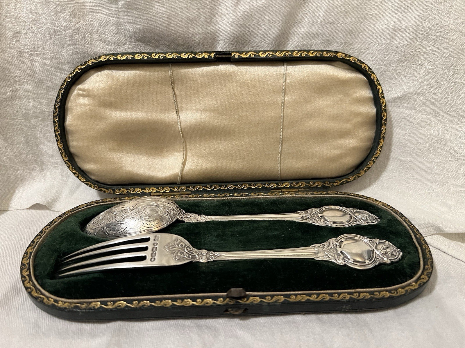 VICTORIAN LONDON STERLING SILVER Cased CHRISTENING/YOUTH SET Renaissance Revival