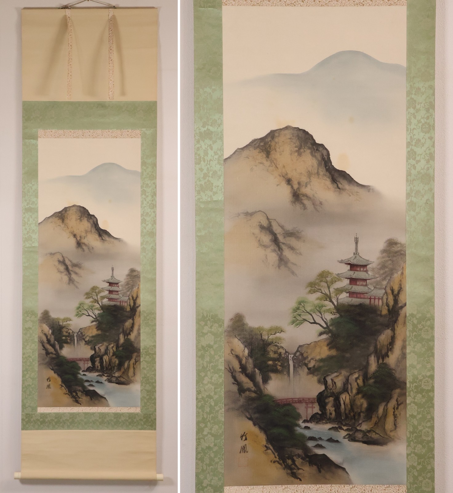 Japanese Hanging Scroll Hand Painted ‘Colored Mt Landscape’ KAKEJIKU By Chikuho