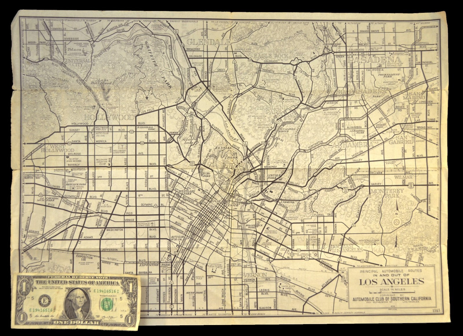 1940s Central LOS ANGELES Road Map Southern California Automobile Club Hollywood