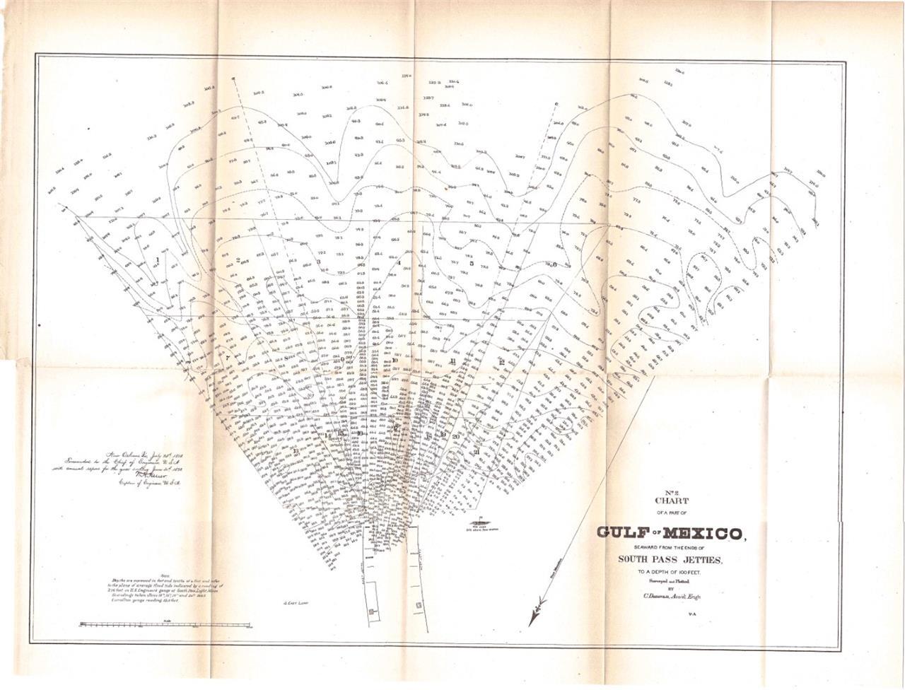1883 SURVEY MAP-GULF OF MEXICO-FROM SOUTH PASS JETTIES-US CORPS OF ENGINEERS