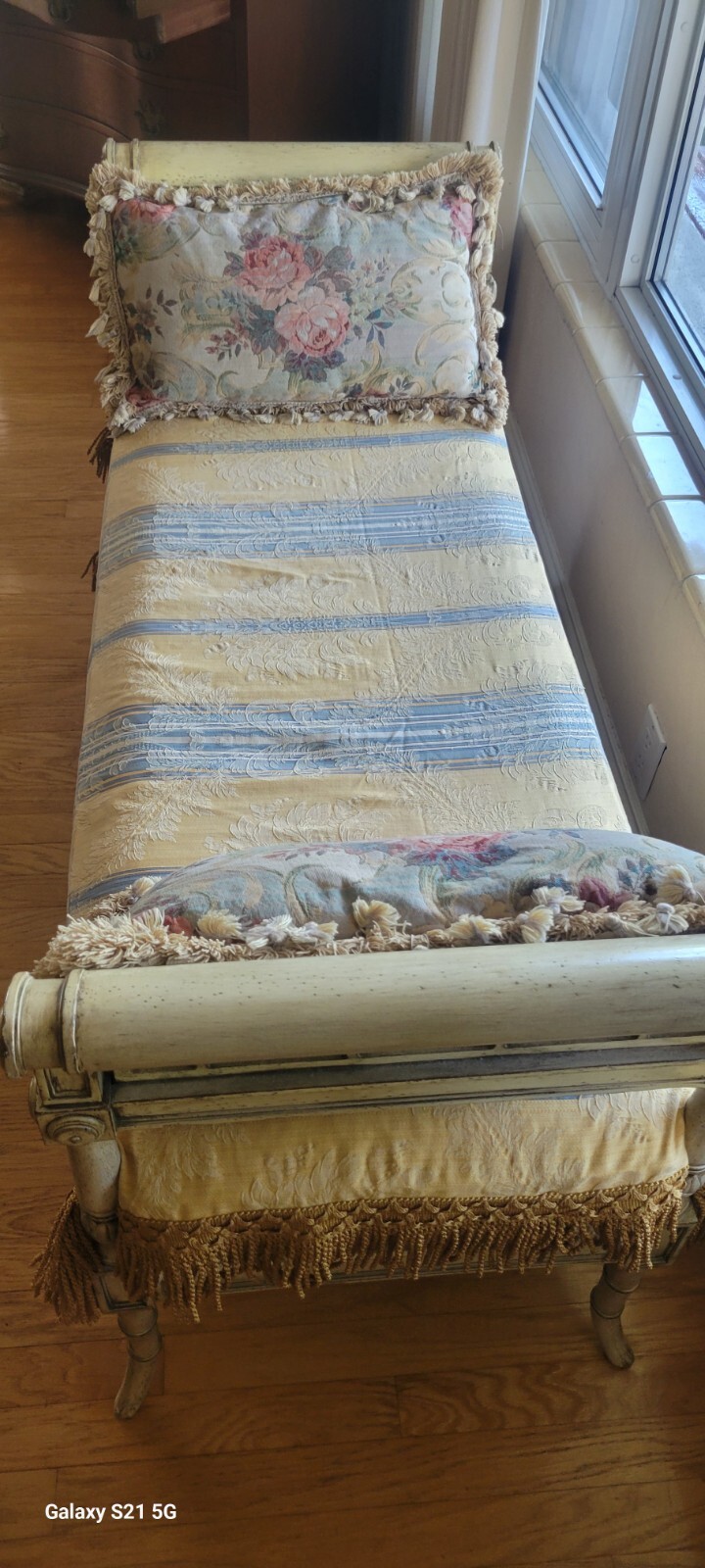Directoire Style White Painted Bench, 20th c, Upholstered