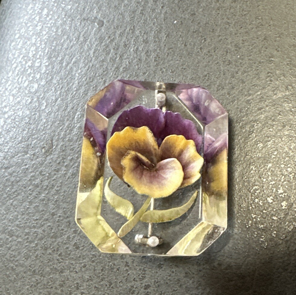 VTG RARE Vintage multicolor FLORAL Reversed Carved brooch, 1930s/1940s