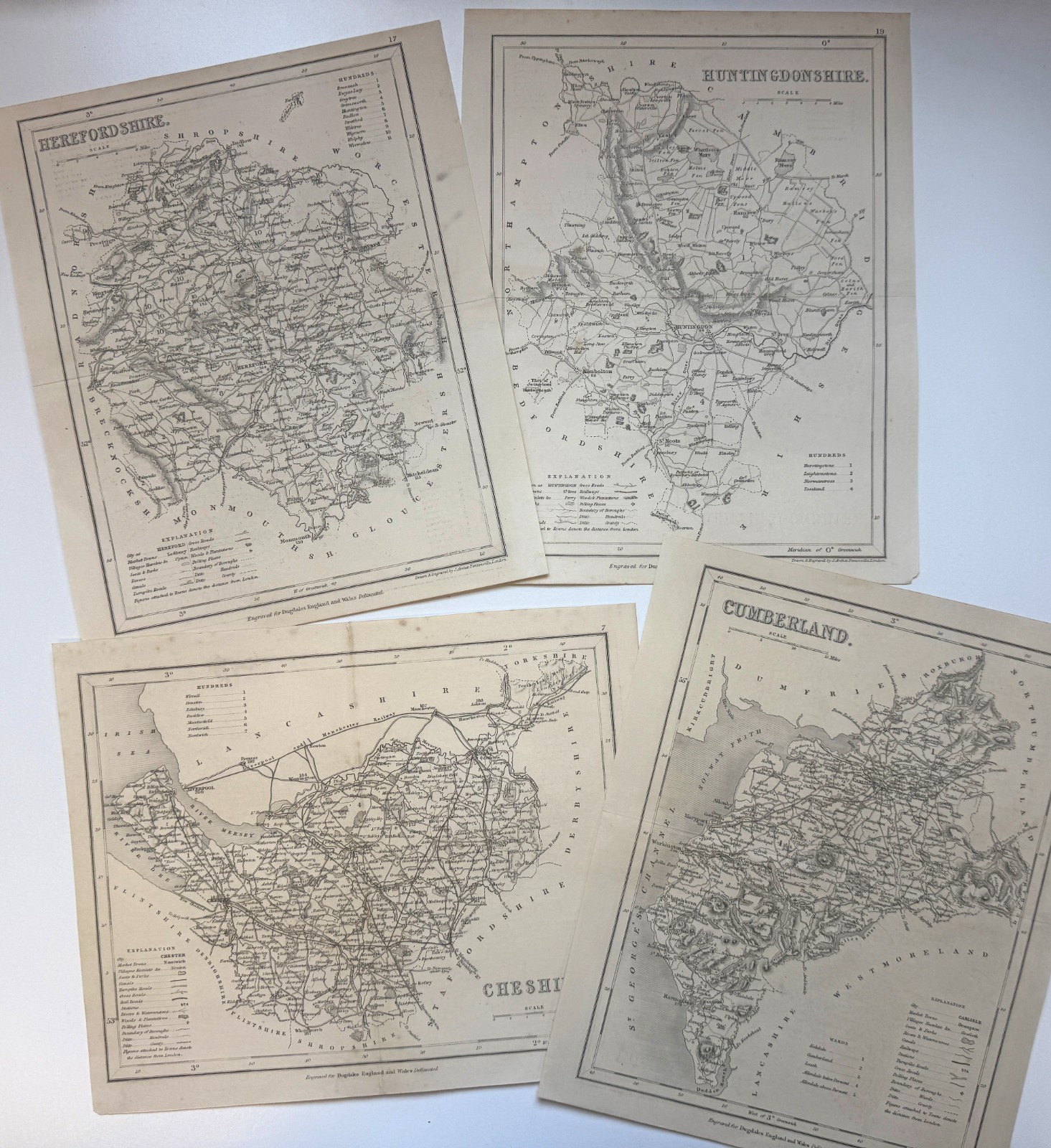 1860 Joshua Archer maps of Cumberland, Herefordshire, Cheshire, 7×9 inch [33403]