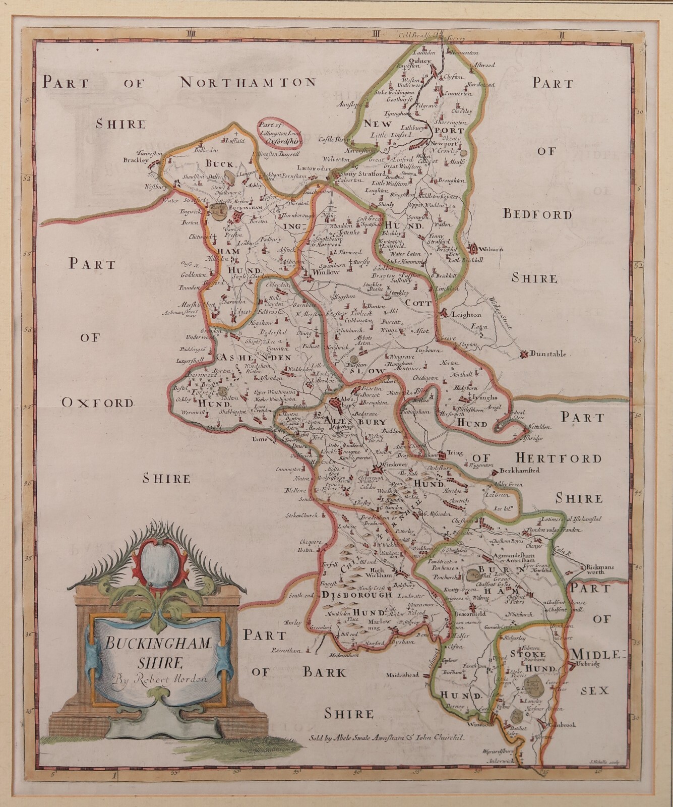 Original Robert Morden hand tinted map of Buckinghamshire. 1722