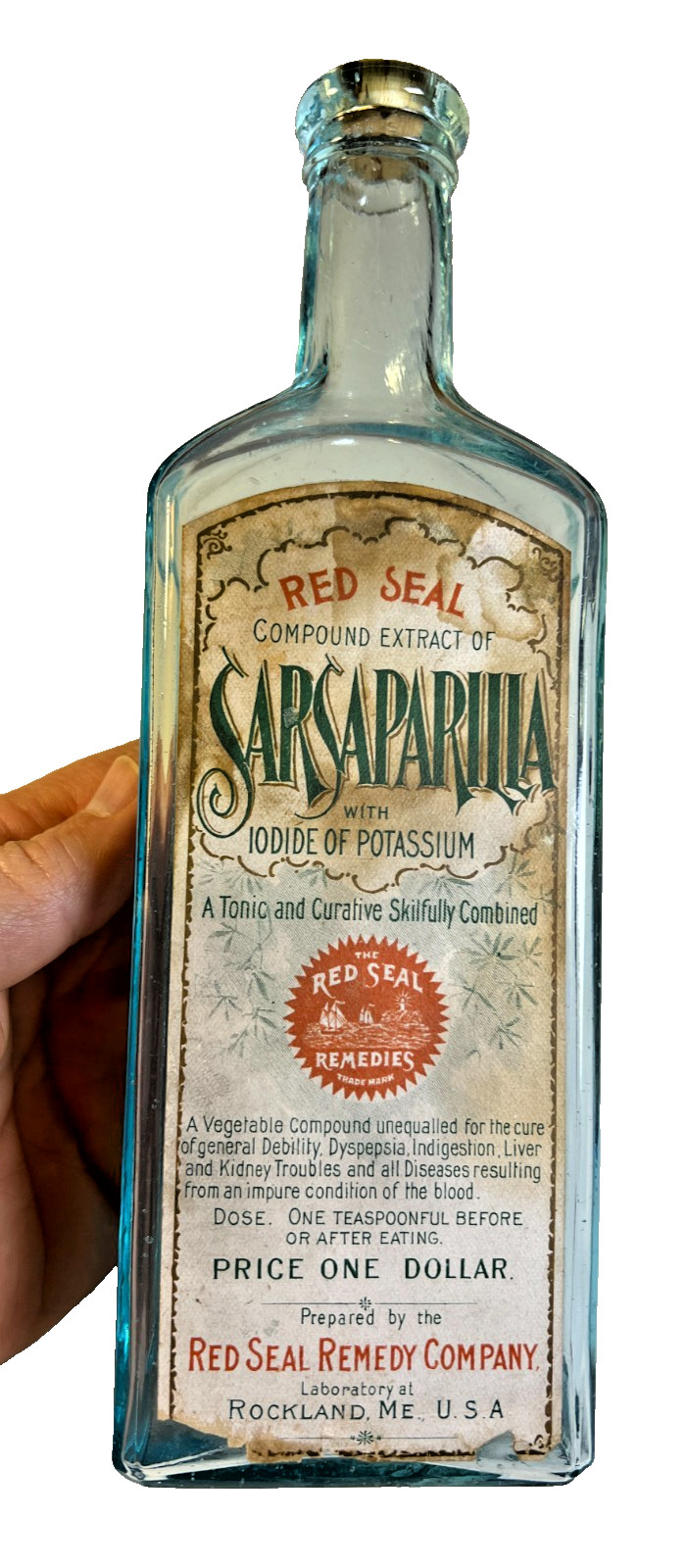 Antique Red Seal Sarsaparilla Bottle Rockland Maine Original Label w/ Iodide !