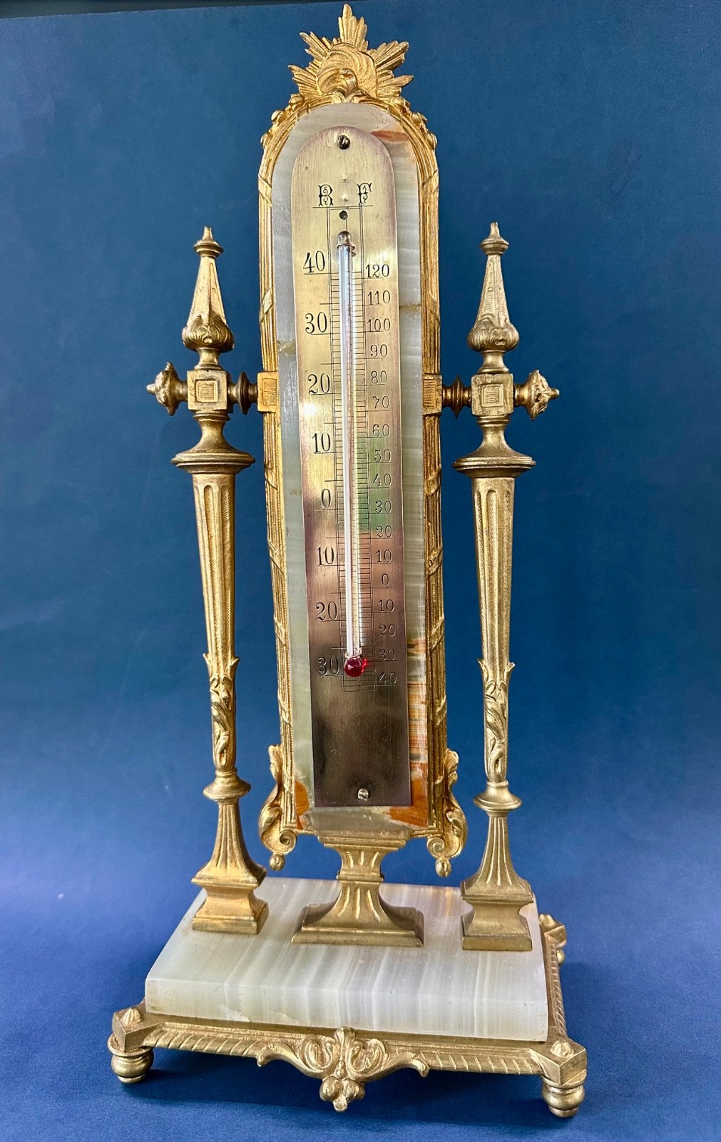 Antique French Gilded Bronze and Marble Thermometer