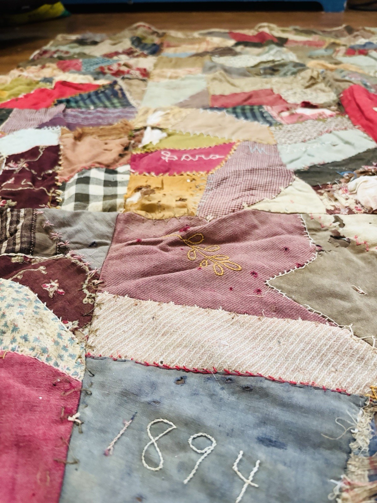 🌟1894 Antique Victorian Botanical Embroidered CRAZY QUILT Signed SARA A+ Skill