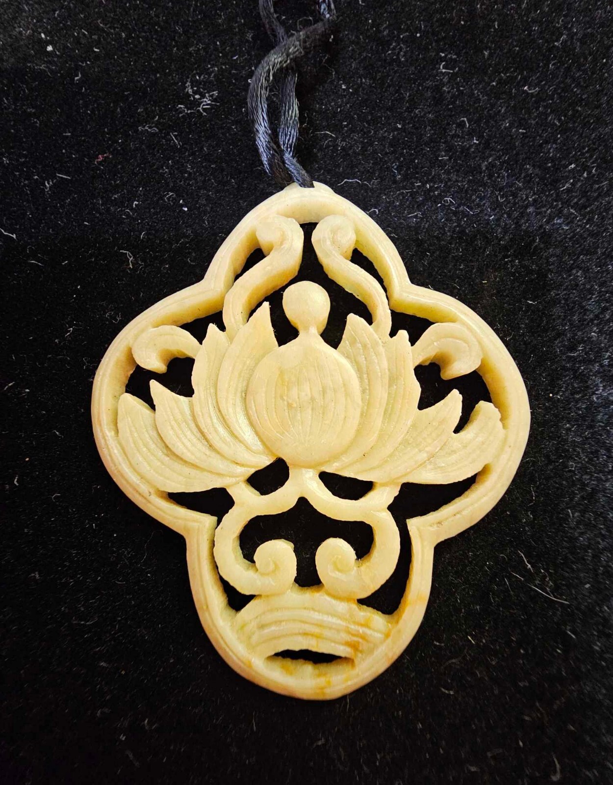 Chinese? Soapstone/Hardstone pendant Carved Flower shape w Black Fabric Cord-S29