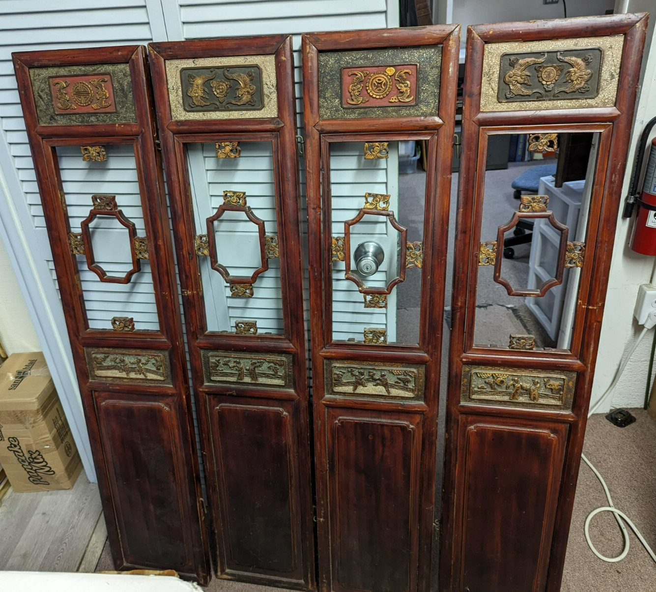 Antique Wooden Chinese Four Panel Screen 45 3/4 ” Long X 52 1/2 ” High