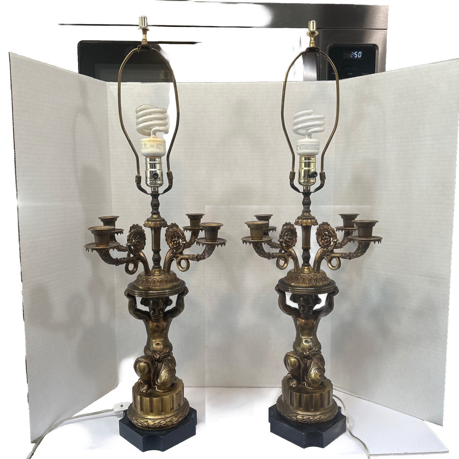 19th Century French Style Pair Lamps Candelabra’s Cherubs Gilt Bronze Brass