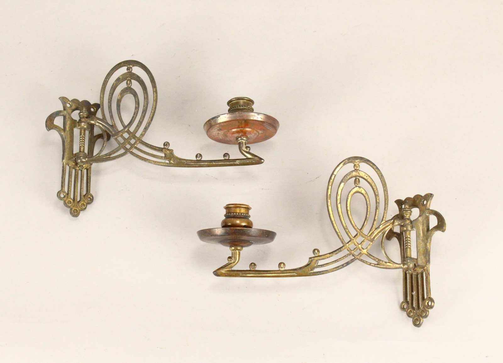 = Art Nouveau Pair of Piano Gilt Bronze Candle Holders Pivoting Arms