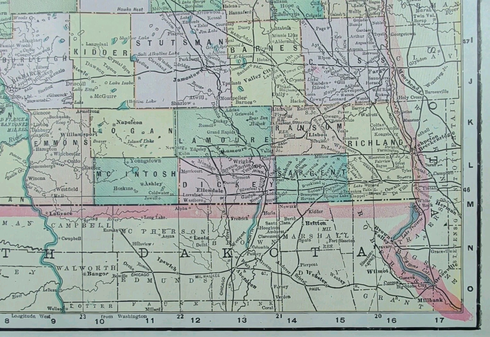 Vintage 1897 NORTH DAKOTA Map 14″x11″ ~ Old Antique Original STANTON WASHBURN ND