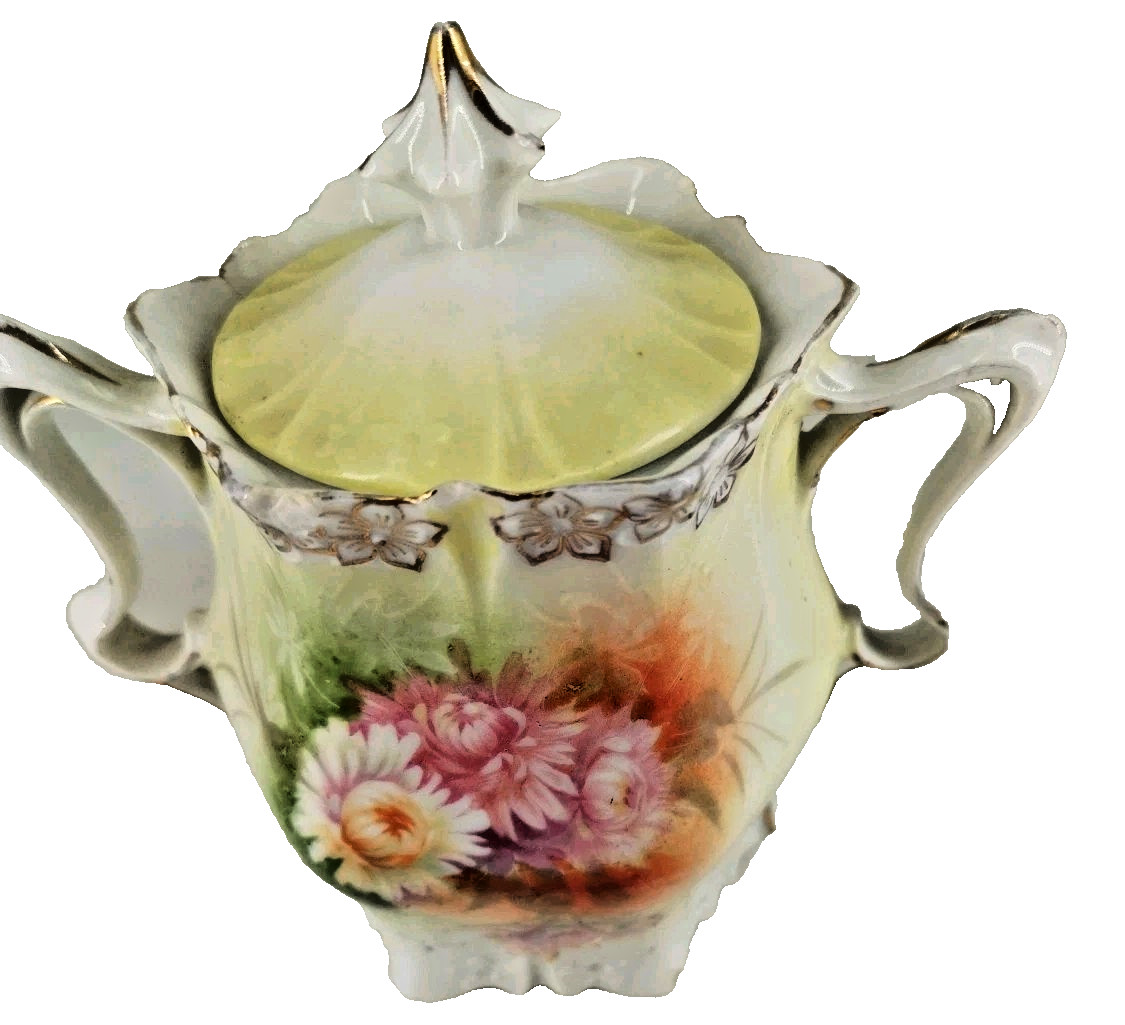 Antique R.S. Prussia Sugar Bowl with Lid Pink Floral & Double Handles 1769A