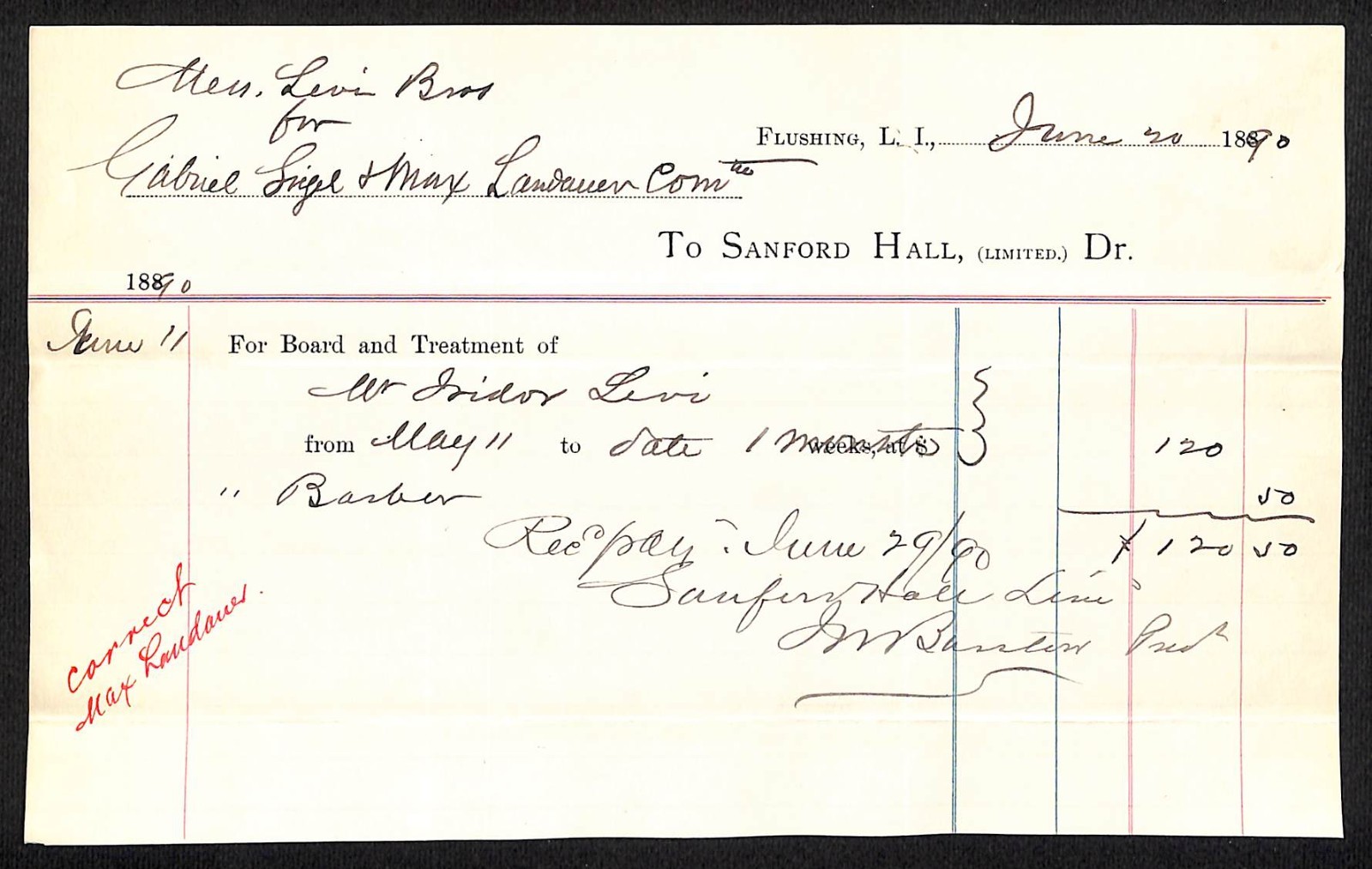1890 Sanford Hall (Sanitarium) Flushing Queens Medical Treatment Billhead (#27)