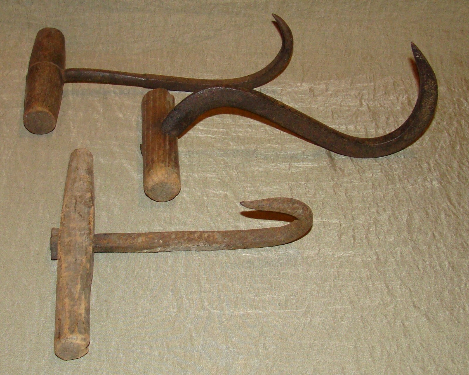 3 Antique Hand Forge Wood Handle Hay Hooks Farmhouse Rustic Primitive Wall Art A